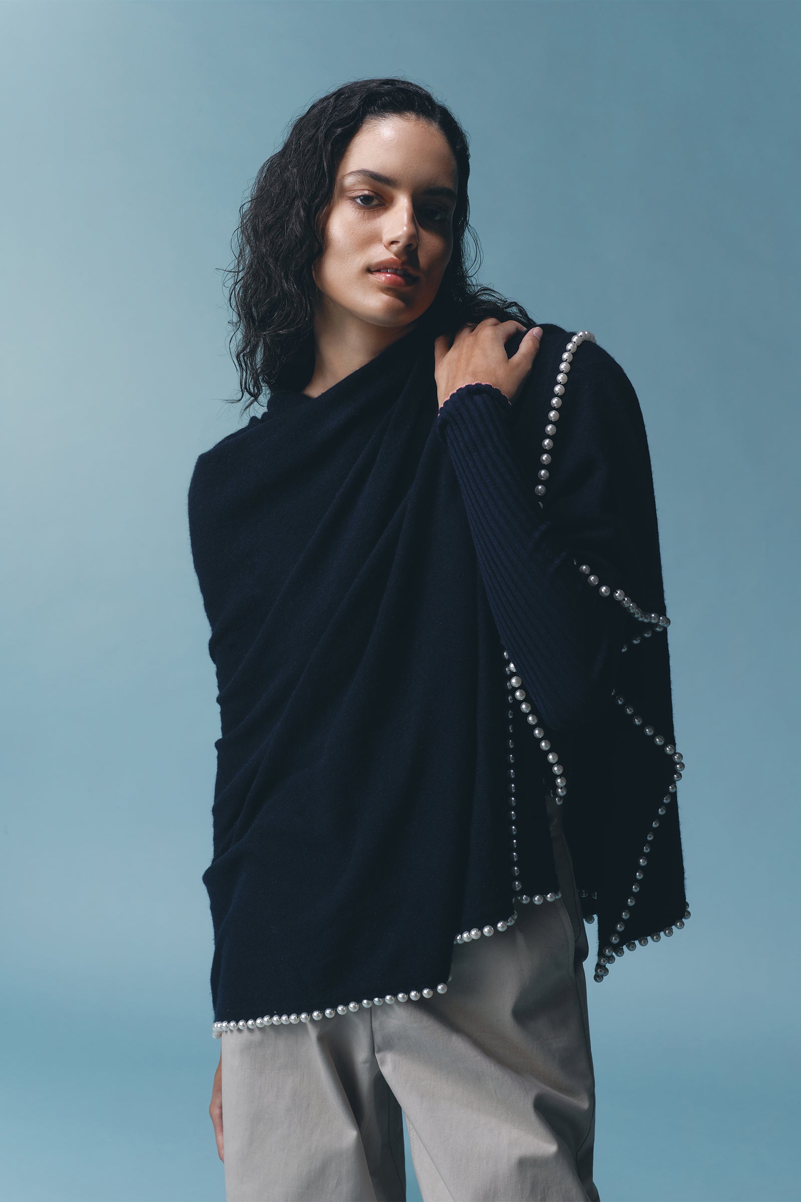 SJC Cashmere & Pearl Scarf | French Navy